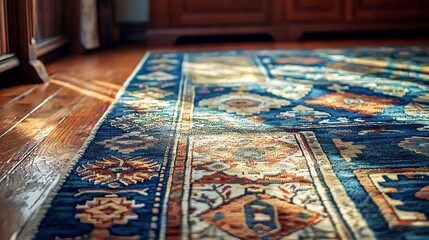 Naklejka premium Intricate pattern of an oriental rug on wooden floor in sunlight