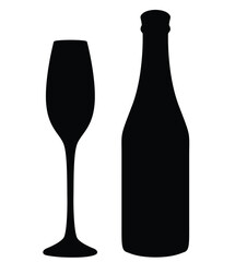 Cute cartoon hand drawn vector Champagne bottle and glass silhouette.