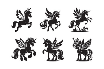 Set of cartoon style fairy horse Silhouette icon , isolated on a white background