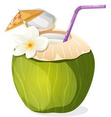 Coconut Water in Open Coconut Shell with an Umbrella, Straw and Tropical Flower Frangipani. Summertime Beach Refreshing Cocktail Isolated Graphic