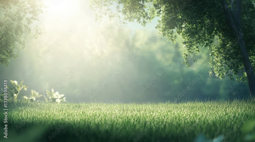 Poster sunlight streams through a green meadow framed by trees and foliage. use this nature image for backg