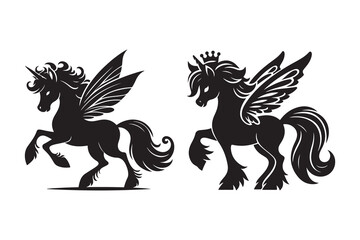 Set of cartoon style fairy horse Silhouette icon , isolated on a white background