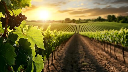 Naklejka premium A scenic vineyard at sunset, with grapevines in the foreground and rows stretching into the distance under a colorful sky. Concept Sunset Vineyard, Scenic Landscape, Grape Vines, Colorful Sky