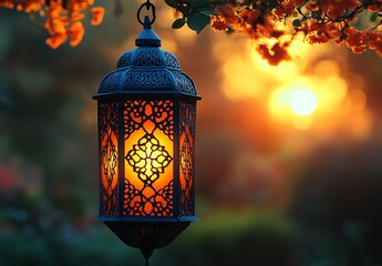 Ornate Lantern Glowing Warmly at Sunset with Vibrant Flowers