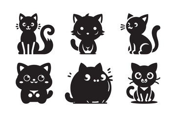 Set of cartoon style Cat Silhouette icon , isolated on a white background