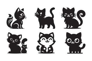 Set of cartoon style Cat Silhouette icon , isolated on a white background