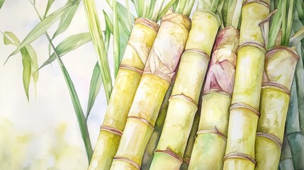 Fototapeta premium Sugar cane with leaves on grond. Bamboo. Hand drawn watercolor illustration isolate. Fresh sweet ripe stem for sugar production. Ingredient for rum, alcoholic drink. Clipart for food industry, textile
