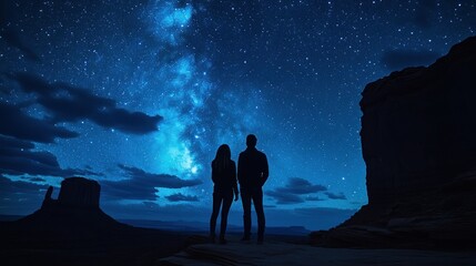 Stargazing couple at Monument Valley under Milky Way