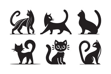 Set of cartoon style Cat Silhouette icon , isolated on a white background