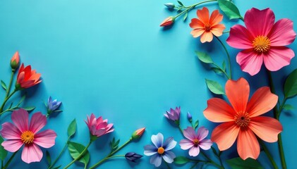 Vibrant paper flowers, blue background Craft, artistry, copy space , summer, craft project