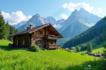 Fototapeta premium Wooden chalet nestled in the Alps, steep roofline , travel, home