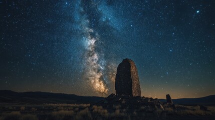 Milky Way over ancient stone monument in desert