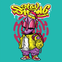 A colorful and dynamic graffiti cartoon character with exaggerated facial expressions, urban fashion, and stylish accessories. This vector illustration is ideal for T-shirt prints, merchandise, and di