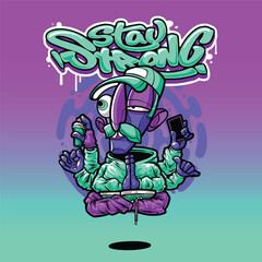 A colorful and dynamic graffiti cartoon character with exaggerated facial expressions, urban fashion, and stylish accessories. This vector illustration is ideal for T-shirt prints, merchandise, and di