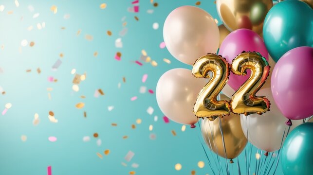 Celebration of the 22nd birthday with colorful balloons, confetti, festive decor, party atmosphere, joy, milestone event, and moments of happiness.