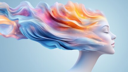 Obraz premium Surreal female portrait with colorful flowing hair resembling cosmic energy. Creativity