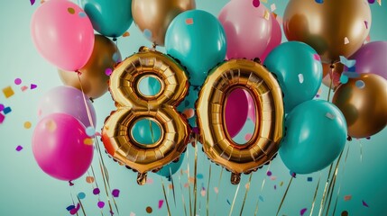 Celebration of 80th birthday with colorful balloons, gold number balloons, party confetti, festive decor, joyful party atmosphere, milestone birthday celebration.