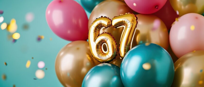 Celebration of 67th birthday with colorful balloons, gold foil number, festive decorations, joyful atmosphere, party theme, vibrant colors, happy moments.