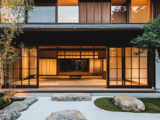 Elegant architecture with open doors and serene outdoor garden spaces