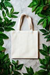 blank tote bag surrounded by lush green leaves, perfect for eco friendly shopping or branding