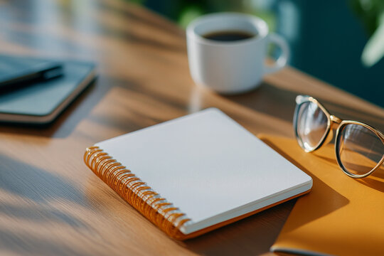 cozy workspace featuring blank notebook, coffee cup, and stylish sunglasses, perfect for