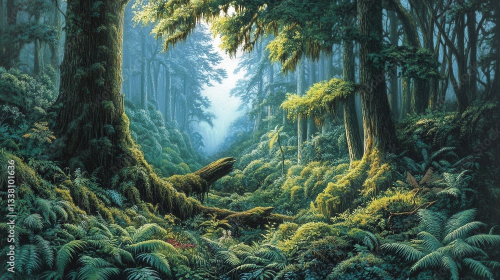 Poster lush green forest with sunlight filtering through trees, creating a serene atmosphere
