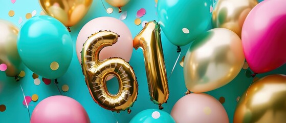 Birthday celebration with gold number 61 balloon and colorful balloons, festive party decor, joyful atmosphere, anniversaries, fun events, party planning.