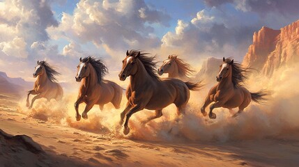Majestic long-maned horses charge through the desert, their powerful strides kicking up thick dust clouds, their manes flowing wildly in the wind 