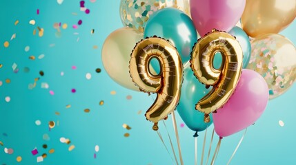 99th birthday celebration, gold foil balloons, vibrant party decor, festive background, joyful moments, milestone event, confetti, party supplies, cheerful atmosphere.
