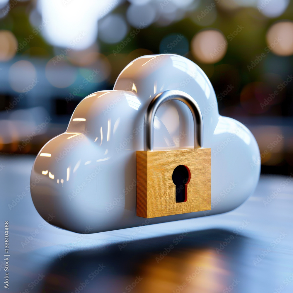 Aufkleber cloud shaped object with padlock symbolizes secure data storage, emphasizing cybersecurity and protection. blurred background adds modern, tech focused atmosphere