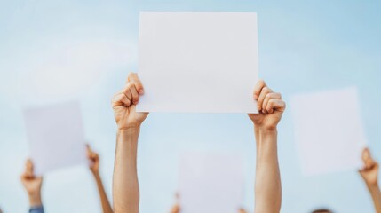 Hands holding blank signs against a clear sky in a demonstration for social change and awareness