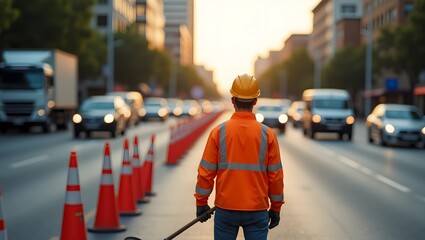 Naklejka premium Traffic Harmony: A Road Worker’s Vigilance Amidst Busy Streets