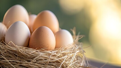 A collection of various eggs resting in a nest made of straw, with a blurred natural background. Concept Egg Variations, Nesting Details, Natural Textures, Blurred Background, Organic Photography