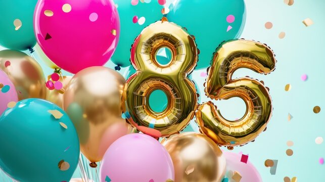85th birthday celebration, golden number balloons, colorful party decorations, joyful atmosphere, confetti, festive gathering, special milestone, family memories.