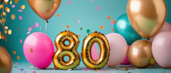 80th birthday celebration setup, golden balloons, festive party decor, colorful confetti, milestones, family gathering, joyful moments, birthday party ideas.