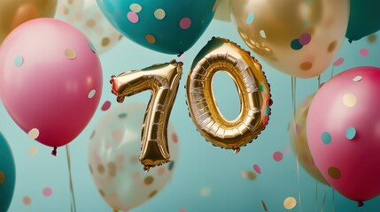 70th birthday celebration, gold balloons, festive decor, colorful party theme, milestone event, joyful atmosphere, family gathering, special occasion, vibrant background.
