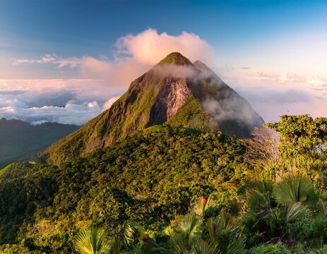 A mystical sunrise over Nevis Peak, with misty clouds and tropical forests.
