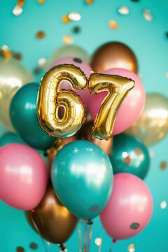 67th birthday celebration, colorful balloons, festive party decorations, fun event, joyful atmosphere, birthday party ideas, vibrant colors, cheerful vibes.