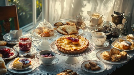 Colorful spread of pudding, jam, and biscuits in a bright, sunlit kitchen setting.
