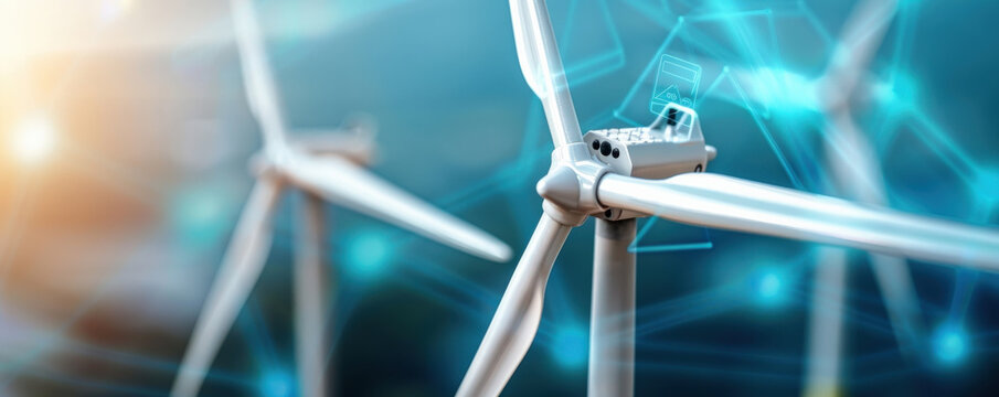 high tech wind energy facility with smart wind turbines harnesses renewable energy efficiently. futuristic design and digital interface highlight innovation in sustainable power