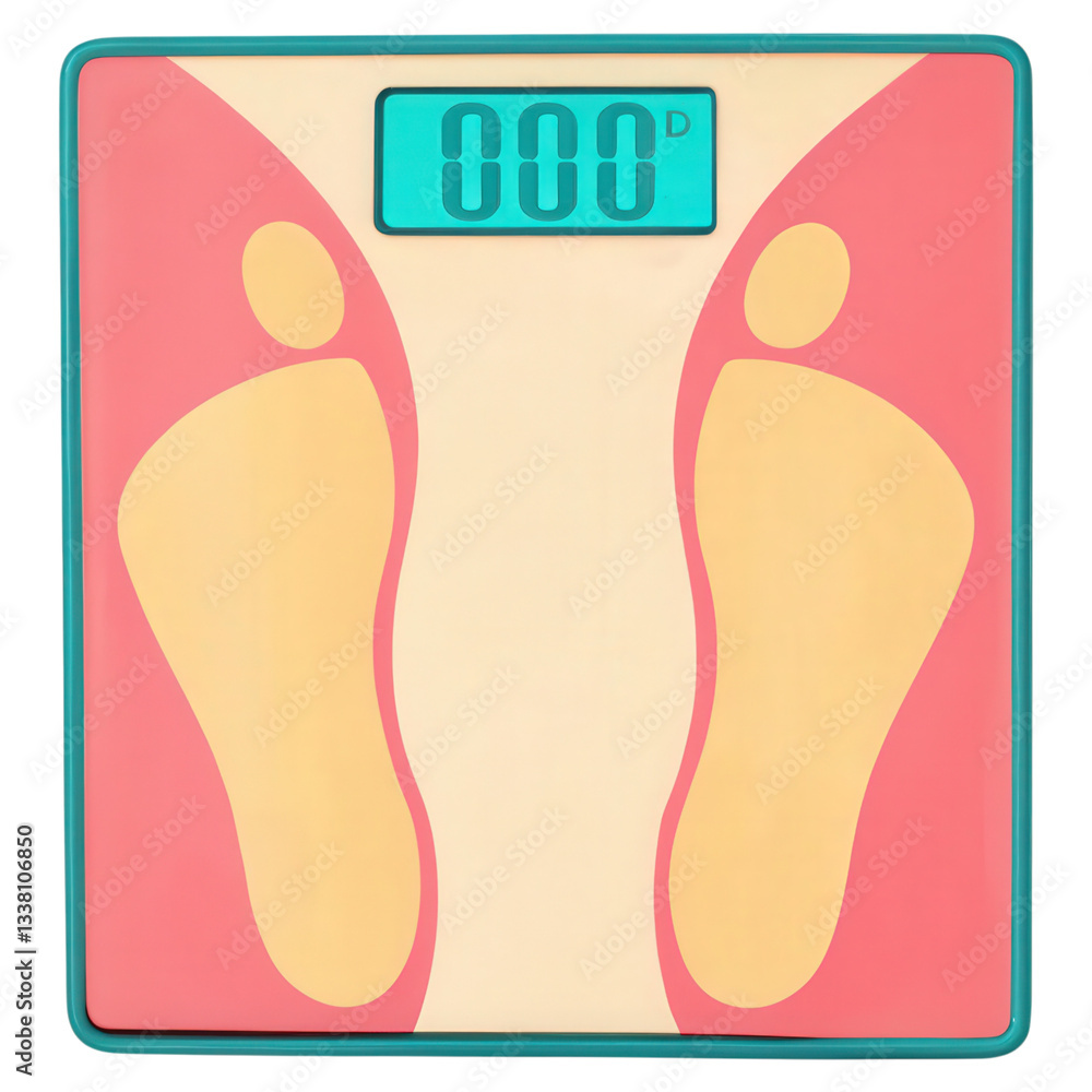 Poster a digital weighing scale displaying zero with colorful foot graphics.