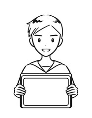 タブレットを手に持つ小学生の男の子（線画）