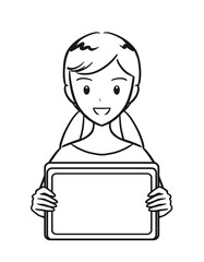 タブレットを手に持つ小学生の女の子（線画）