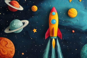 Vibrant space-themed rocket template ideal for exciting creative projects and promotional showcases.