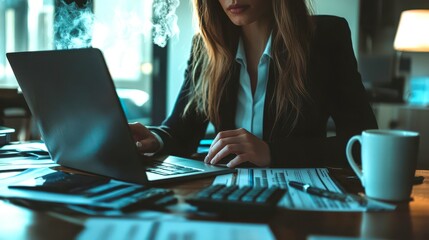 Businesswoman Working on Laptop Amidst Papers and Coffee in Office