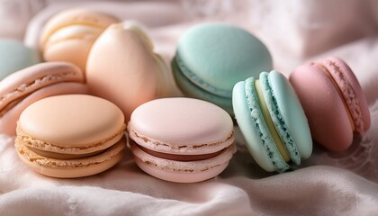 delightful assortment of macarons in pastel colors arranged on soft fabric