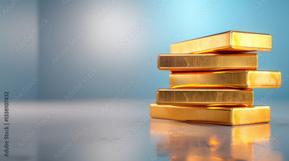 Poster stack of shiny gold bars is neatly arranged on smooth surface, reflecting light in clean studio environment. background is softly blurred, creating sense of luxury and wealth
