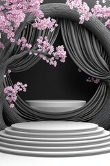 A serene, stylized setting featuring pink blossoms, draped fabric, and a circular podium, creating a tranquil atmosphere.