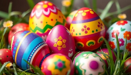 Fototapeta premium Colorful Easter eggs arranged in green grass with floral details