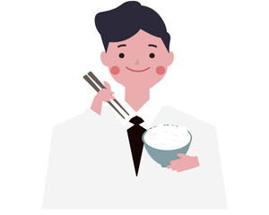 ご飯を食べるスーツの男性。朝食をとるビジネスマン。ベクターイラスト